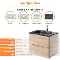 Plum&clay Eden Light Oak Wall Hung Vanity Unit With Grey Glass Basin (W)600mm - thumbnail 7