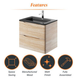 Plum&clay Eden Light Oak Wall Hung Vanity Unit With Grey Glass Basin (W)600mm - thumbnail 8