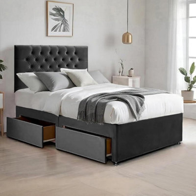 Black Plush 3Ft Single Bed With Matttress  2 Storage Drawers And 20 Inch Chesterfield Headboard - image 1