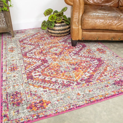 Loomed Pink Grey Bordered Geometric Distressed Area Rug 160X230Cm - image 1