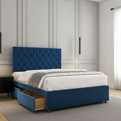 REGIONAL FURNISHINGS Blue Plush Velvet Divan Bed Set Upholstered With 24Inch Headboard & Mattress No Drawers In 3Ft 4Ft 4Ft6 5Ft 6Ft Sizes - image 1