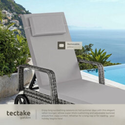 Tectake Sun Lounger - 6-Position Backrest, Weather & Uv-Resistant, Soft Pillow, Two Wheels - Grey/light Grey - thumbnail 4