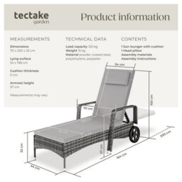 Tectake Sun Lounger - 6-Position Backrest, Weather & Uv-Resistant, Soft Pillow, Two Wheels - Grey/light Grey - thumbnail 6