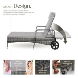 Tectake Sun Lounger - 6-Position Backrest, Weather & Uv-Resistant, Soft Pillow, Two Wheels - Grey/light Grey - thumbnail 3