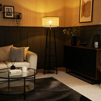 Valuelights Hiru Black 3 Tier Shelf Floor Lamp With Natural Cane Shade And Bulb - image 1