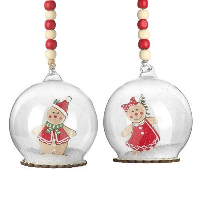 Heaven Sends Set Of 2 Mr And Mrs Gingerbread Glass Christmas Baubles, 9 X 7 Cm Each.