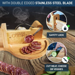 CKB Ltd Double Bladed Stainless Steel Sausage Cheese Vegetable Guillotine On A Durable Rubber Tree Wood Base - thumbnail 3