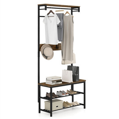 Hall Tree With Bench Shoe Storage 5 In 1 Entryway Organizer Industrial Brown - image 1