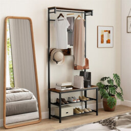 Hall Tree With Bench Shoe Storage 5 In 1 Entryway Organizer Industrial Brown - thumbnail 5