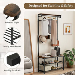 Hall Tree With Bench Shoe Storage 5 In 1 Entryway Organizer Industrial Brown - thumbnail 6