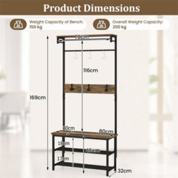 Hall Tree With Bench Shoe Storage 5 In 1 Entryway Organizer Industrial Brown - thumbnail 2
