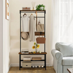 Hall Tree With Bench Shoe Storage 5 In 1 Entryway Organizer Industrial Brown - thumbnail 3