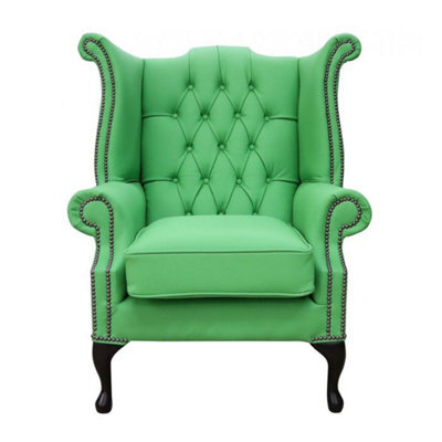 Chesterfield High Back Wing Chair Shelly Apple Green Leather Bespoke In Queen Anne Style - image 1
