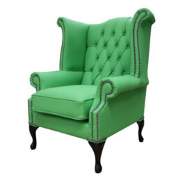 Chesterfield High Back Wing Chair Shelly Apple Green Leather Bespoke In Queen Anne Style - thumbnail 2