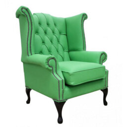 Chesterfield High Back Wing Chair Shelly Apple Green Leather Bespoke In Queen Anne Style - thumbnail 3