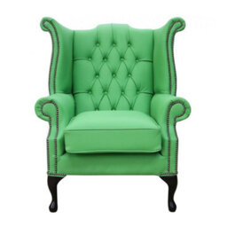 Chesterfield High Back Wing Chair Shelly Apple Green Leather Bespoke In Queen Anne Style - thumbnail 1