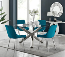 Furniturebox Uk Vogue Round Dining Table And 4 Blue Pesaro Silver Leg Chairs