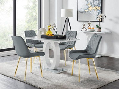 Furniturebox Giovani Rectangular 4 Seat White High Gloss Unique Halo Base Dining Table Grey Glass Top 4 Grey Velvet Gold Leg Pesaro Chairs - image 1