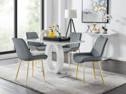 Furniturebox Giovani Rectangular 4 Seat White High Gloss Unique Halo Base Dining Table Grey Glass Top 4 Grey Velvet Gold Leg Pesaro Chairs