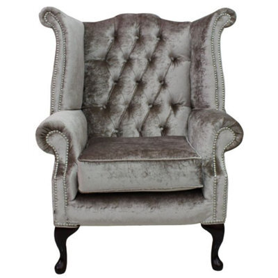 Chesterfield High Back Wing Chair Boutique Beige Velvet Bespoke In Queen Anne Style - image 1