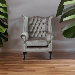 Chesterfield High Back Wing Chair Boutique Beige Velvet Bespoke In Queen Anne Style - thumbnail 3