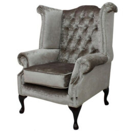 Chesterfield High Back Wing Chair Boutique Beige Velvet Bespoke In Queen Anne Style - thumbnail 2