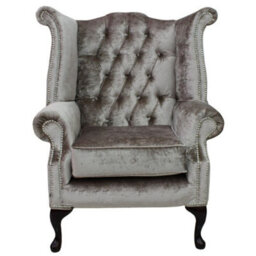 Chesterfield High Back Wing Chair Boutique Beige Velvet Bespoke In Queen Anne Style - thumbnail 1