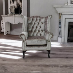 Chesterfield High Back Wing Chair Boutique Beige Velvet Bespoke In Queen Anne Style - thumbnail 4