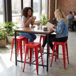"Fwstyle Bistro Metal Bar Stools Set Of 4 24"" Red Gloss Galvanised Steel Countertop Indoor & Outdoor" - thumbnail 1