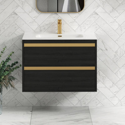 Royal Bathrooms Orion 800mm Wall Hung Bathroom Vanity Unit 2 Drawer Hale Black With Ceramic Basin & Brushed Brass Accent Trim - image 1