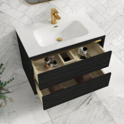 Royal Bathrooms Orion 800mm Wall Hung Bathroom Vanity Unit 2 Drawer Hale Black With Ceramic Basin & Brushed Brass Accent Trim - thumbnail 5