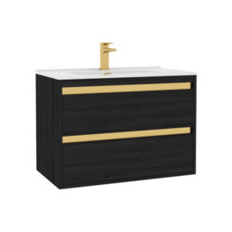Royal Bathrooms Orion 800mm Wall Hung Bathroom Vanity Unit 2 Drawer Hale Black With Ceramic Basin & Brushed Brass Accent Trim - thumbnail 7