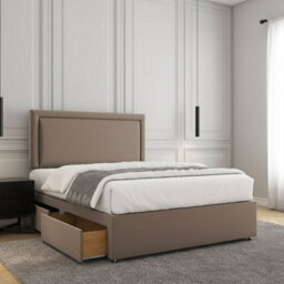 REGIONAL FURNISHINGS Divan Bed Set Mink Plush Velvet Upholstered 24Inch Headboard & 2Drawers Sameside & Mattress In 3Ft 4Ft 4Ft6 5Ft 6Ft Sizes
