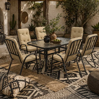 Wyld Haus Seriva 7-Piece Cream Garden Dining Set - 6 Cushioned Chairs With Black Metal Frame And Tempered Glass Table - image 1