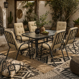 Wyld Haus Seriva 7-Piece Cream Garden Dining Set - 6 Cushioned Chairs With Black Metal Frame And Tempered Glass Table - thumbnail 1