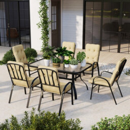 Wyld Haus Seriva 7-Piece Cream Garden Dining Set - 6 Cushioned Chairs With Black Metal Frame And Tempered Glass Table - thumbnail 3