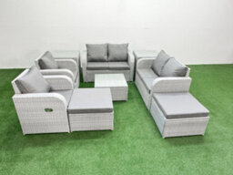 Fimous 8 Seater Outdoor Reclining Chair Love Sofa Set Rattan Garden Furniture Set Coffee Table 2 Big Footstools 2 Side Table - thumbnail 2