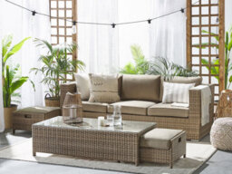 Beliani Garden Lounge Set With Table 5 Seater Belluno Pe Rattan Brown - thumbnail 2