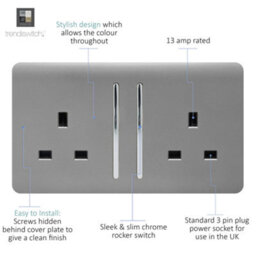 Trendiswitch Trendi Switch 2 Gang Light Grey Double Plug Socket Modern Designer Decorative Wiring Accessory - thumbnail 2