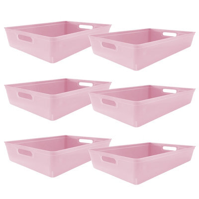 Simpa 6Pc 6L Pastel Pink Plastic Storage Basket Studio Organiser Trays With Handles - image 1
