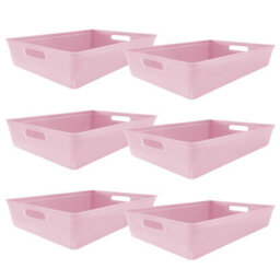 Simpa 6Pc 6L Pastel Pink Plastic Storage Basket Studio Organiser Trays With Handles - thumbnail 1