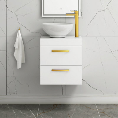 Royal Bathrooms 500mm Wall Hung Vanity Unit 2 Drawer Gloss White & Breeze Countertop Basin With Brushed Brass Handle - image 1