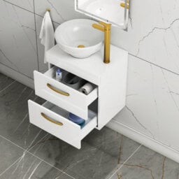 Royal Bathrooms 500mm Wall Hung Vanity Unit 2 Drawer Gloss White & Breeze Countertop Basin With Brushed Brass Handle - thumbnail 3