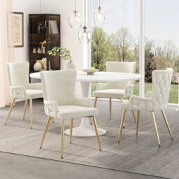 Velvet Dining Chair, Luxurious Living Room & Bedroom Lounge Chair With Four Gold-Coloured Metal Legs, Beige, Set Of 6 - thumbnail 8
