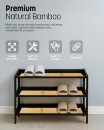 Keplin 3 Tier Bamboo And Rattan Shoe Rack Organiser, Compact Design For Hallway, Stylish And Functional Storage- Black And Natural - thumbnail 8
