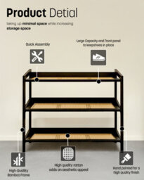 Keplin 3 Tier Bamboo And Rattan Shoe Rack Organiser, Compact Design For Hallway, Stylish And Functional Storage- Black And Natural - thumbnail 5