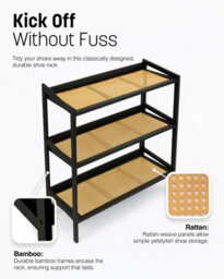 Keplin 3 Tier Bamboo And Rattan Shoe Rack Organiser, Compact Design For Hallway, Stylish And Functional Storage- Black And Natural - thumbnail 6