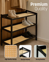 Keplin 3 Tier Bamboo And Rattan Shoe Rack Organiser, Compact Design For Hallway, Stylish And Functional Storage- Black And Natural - thumbnail 4