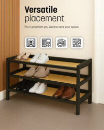 Keplin 3 Tier Bamboo And Rattan Shoe Rack Organiser, Compact Design For Hallway, Stylish And Functional Storage- Black And Natural - thumbnail 7