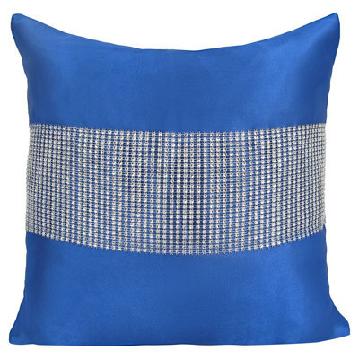 Velosso Diamonte Detail Embellished Cushion, Luxury Sofa Cushion Slip With Decorative Zip Closure - Blue